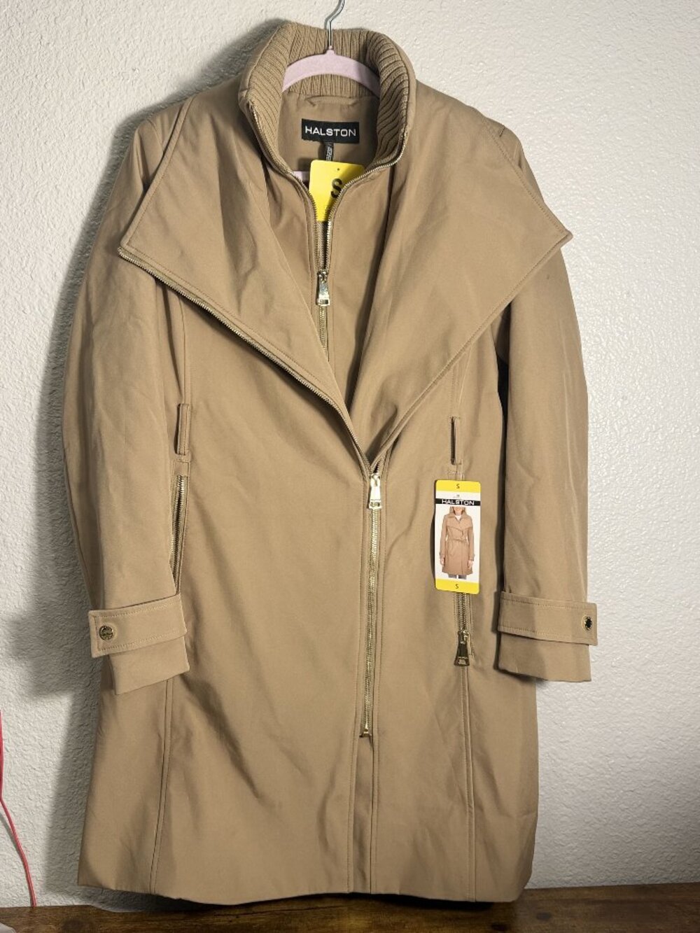 Halston Asymmetric Zip Soft Shell Coat Camel Women's Small NWT